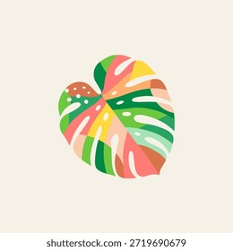 Abstractas Ilustración vectorial de hojas de monstera colorida con patrón de mosaico geométrico. Follaje tropical estilizado sobre fondo beige para el diseño creativo de la naturaleza de verano y el arte botánico moderno.