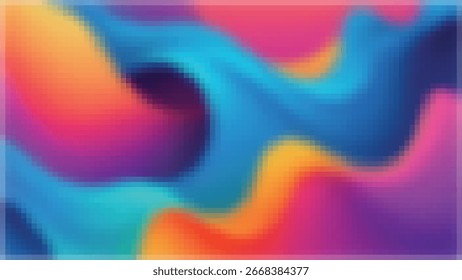 Abstract colorful mosaic gradient background with pixelated wave pattern in vibrant blue, pink, and orange tones. Perfect for digital design, wallpaper, and modern art projects.