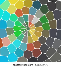 Abstract colorful mosaic pattern. Abstract background consisting of elements of different shapes arranged in a mosaic style. Vector illustration. Green, blue, yellow, orange grey colors