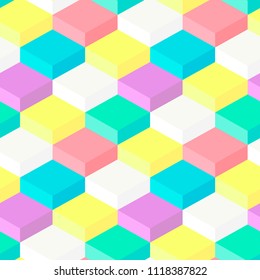 Abstract colorful mosaic. Seamless pattern of 3D geometric shapes in vector. Minimalistic poster. Design element can be used for digital wallpaper, web banner, game background, card, blank, cover