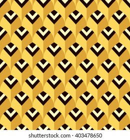 Abstract colorful mosaic. Seamless pattern of geometric shapes. Gold background. Stock vector illustration in Art Deco style for cover, banner, fabric print, invitation, wallpaper, wrapping