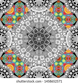 Abstract colorful mosaic style. Indian, Arabic, Turkish motifs. Hand drawn seamless pattern. Vintage decorative elements. Vector patchwork quilt pattern in blue, brown and gray colors.