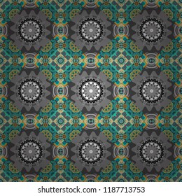 Abstract colorful mosaic style. Vector patchwork quilt pattern in blue, brown and gray colors. Hand drawn seamless pattern. Indian, Arabic, Turkish motifs. Vintage decorative elements.