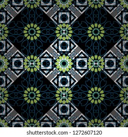 Abstract colorful mosaic style. Vector patchwork quilt pattern in white, blue and black colors. Indian, Arabic, Turkish motifs. Vintage decorative elements. Hand drawn seamless pattern.