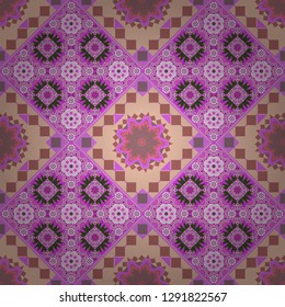 Abstract colorful mosaic style. Vector patchwork quilt pattern in purple, white and pink colors. Hand drawn seamless pattern. Indian, Arabic, Turkish motifs. Vintage decorative elements.