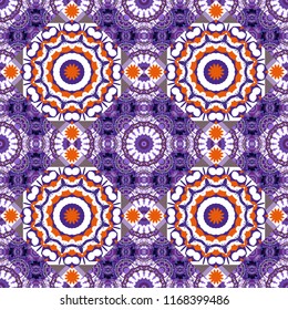 Abstract colorful mosaic style. Vintage decorative elements. Raster patchwork quilt pattern in brown, orange and red colors. Indian, Arabic, Turkish motifs. Hand drawn seamless pattern.
