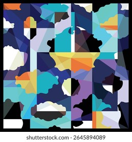 Mural colorido abstrato em composição quadrada. Fundo de mosaico geométrico com etiquetas em branco e design de padrão de placas de licença. Pintura multi-colorida de baixa polarização. Vetor cubismo arte capa papel de parede