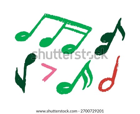 Abstract colorful music notes in grunge style with textured brush strokes on a plain white background. Concept of creativity, music, and artistic expression. Vector illustration