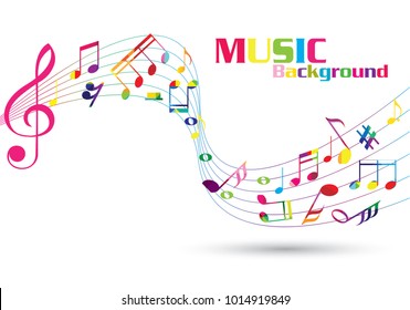 Abstract colorful music notes on line wave background. Black G-clef and music notes isolated vector illustration Can be adapt to Brochure, Annual Report, Magazine, Poster, Corporate Presentation .