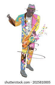 Abstract colorful musical design with musicians and musical waves. Hand drawn vector illustration