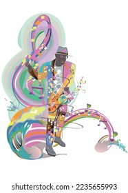 Abstract colorful musical design with musicians, treble clefs and musical waves, splashes. Hand drawn vector illustration.