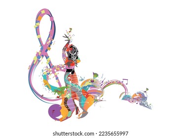 Abstract colorful musical design with musicians, treble clefs and musical waves, splashes. Hand drawn vector illustration.