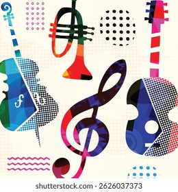 Abstract Colorful Musical Instruments Background in Retro Pop Art Style