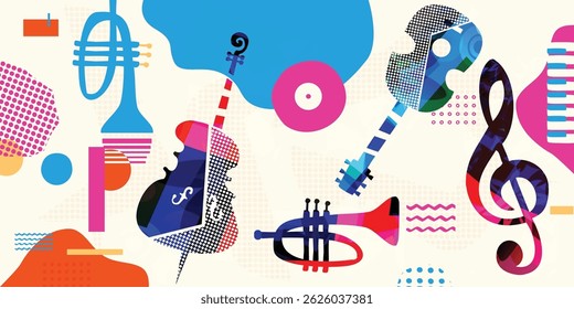 Abstract Colorful Musical Instruments Background in Retro Pop Art Style