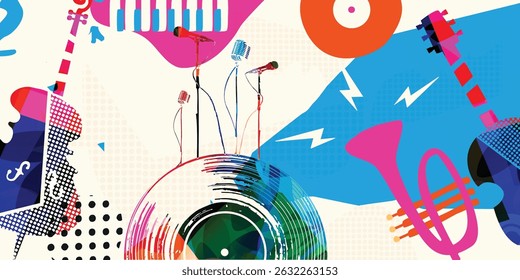 Abstract Colorful Musical Instruments Background in Retro Pop Art Style