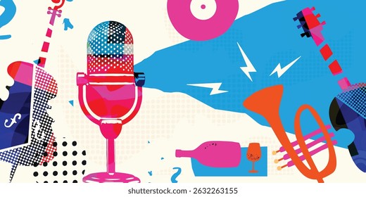 Abstract Colorful Musical Instruments Background in Retro Pop Art Style