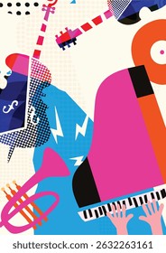 Abstract Colorful Musical Instruments Background in Retro Pop Art Style