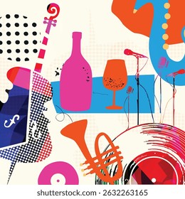 Abstract Colorful Musical Instruments Background in Retro Pop Art Style