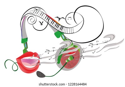 Abstract colorful musical poster design with headphones and musical waves. Hand drawn vector illustration