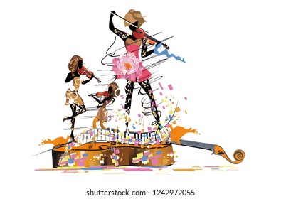 Abstract colorful musical poster design with musicians and musical waves. Hand drawn vector illustration