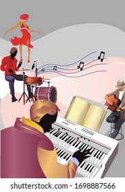Abstract colorful musical poster design with musicians and musical waves. Hand drawn vector illustration