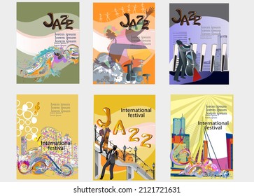Abstract colorful musical poster design with musicians and musical waves. Hand drawn vector illustration