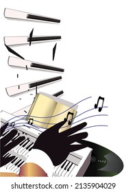 Abstract colorful musical poster design with musicians and musical waves. Hand drawn vector illustration