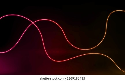 Abstract colorful neon background with wave line glowing in the dark. Panoramic shine backdrop. 3d render. Lights rectangular lines, luminous rays. Modern wavy geometric shape. Vector illustration.