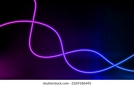 Abstrakter bunter Neonhintergrund mit einer im Dunkeln leuchtenden Wellenlinie. Panorama-glänzender Hintergrund. 3D-Rendering. Rechteckige Linien, helle Strahlen. Moderne geometrische Formen. Vektorgrafik.
