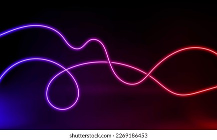 Abstract colorful neon background with wave line glowing in the dark. Panoramic shine backdrop. 3d render. Lights rectangular lines, luminous rays. Modern wavy geometric shape. Vector illustration.