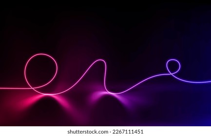 Abstract colorful neon background with wavy line glowing in the dark. Panoramic shine backdrop. 3d render. Lights rectangular line, luminous rays. Modern wave geometric shape. Vector illustration.