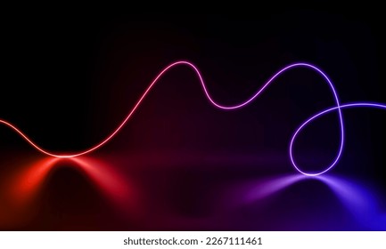 Abstract colorful neon background with wavy line glowing in the dark. Panoramic shine backdrop. 3d render. Lights rectangular line, luminous rays. Modern wave geometric shape. Vector illustration.