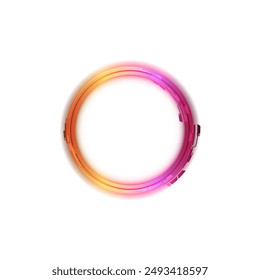 Abstract colorful neon circle frame with gradient shades of pink, purple, and orange. Vector illustration of a glowing circular design with a futuristic and tech-inspired look.