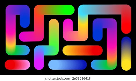 Abstract colorful neon labyrinth, 3D gradient rainbow line shapes, fluid design, multicolored geometric maze stripes