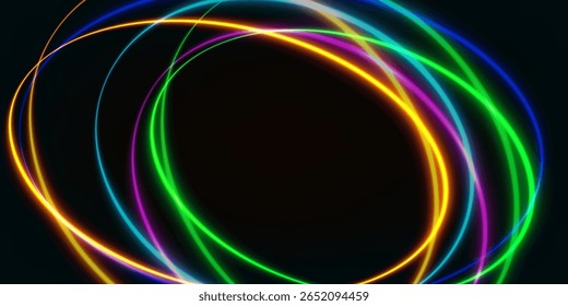 abstract colorful neon light swirl on the dark background.