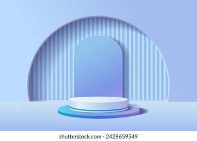 Abstract colorful neon lights and Holographic futuristic background with cylinder podium for displaying products, 3D cylindrical pedestal with curved backdrop and cavernous wall, Vector illustration