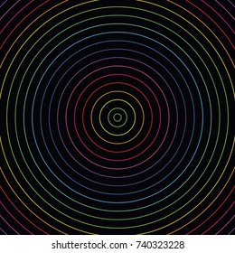 Abstract colorful neon lights inner circles pattern on black background