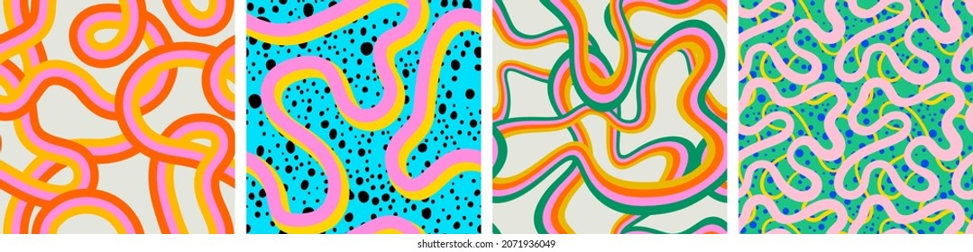  Abstract colorful neon print seamless pattern illustration set in retro 80s style. Trendy background collection with creative line drawing. 