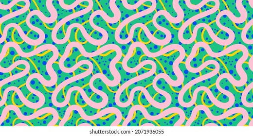  Abstract colorful neon print seamless pattern illustration in retro 80s style. Trendy background with creative line drawing. 