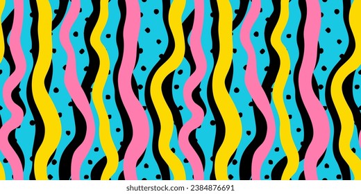 Abstract colorful neon print seamless pattern illustration in retro 80s style. Trendy background with creative line drawing.