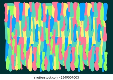 Abstract colorful neon shapes against the dark background. Retro, maximalist, cluttercore vector drawing