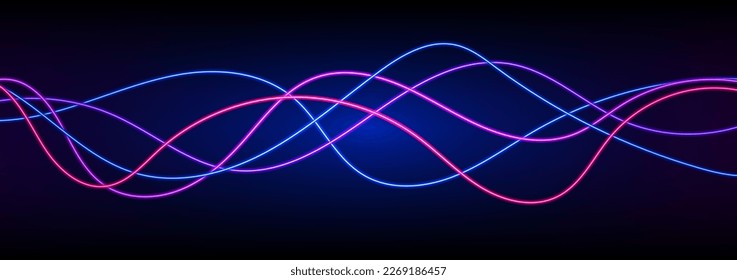 Abstrakter bunter Neonwellen-Farbverlauf mit einer Linie, die auf dunklem Hintergrund leuchtet. Futuristische kreative Kulisse. 3D-Rendering. Umgekehrt fantastische Mischung gewölbte Linien geometrischen Equalizer. Vektorgrafik.