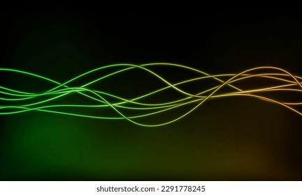 Resumen de gradiente colorido de onda neonesa con línea que resplandece sobre fondo oscuro. Lugar ideal para el brillo de la creatividad futurista. 3 quinquies. Ecualizador geométrico curvado de líneas onduladas de mezcla fantástica. Ilustración vectorial.