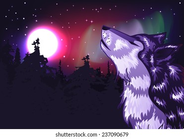 Abstract colorful northern landscape with moon and howling wolf.