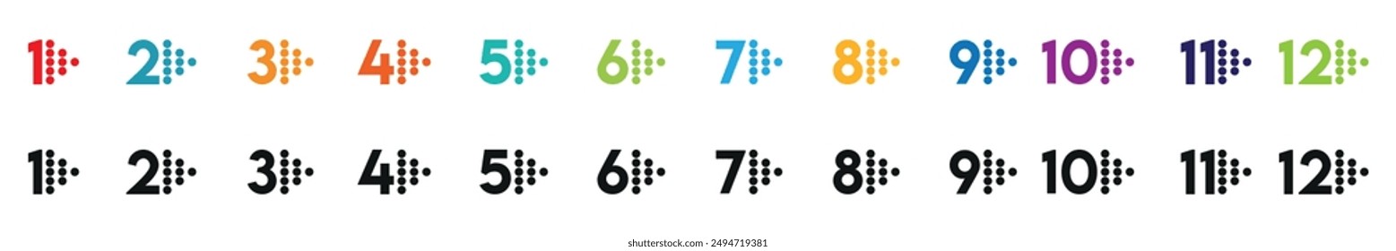 Abstract colorful number bullet point arrow vector set. 1 to 12 bullets isolated.