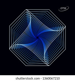 Abstract Colorful Octagonal Graphic Element in Blue Tones on Black Background. Modern Futuristic Op Art Illustration. EPS8.