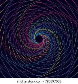 Abstract colorful optical illusion, creative vector spiral symmetric background of multi-colored curved lines