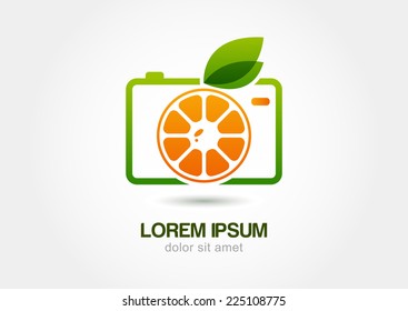 Abstract colorful orange fruit photo camera. Vector logo icon template.