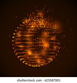 Abstract colorful orange and golden exploding sphere made of points and dots. Shiny dots with glowing effect.
