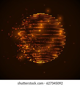 Abstract colorful orange and golden exploding sphere made of points and dots. Shiny dots with glowing effect.